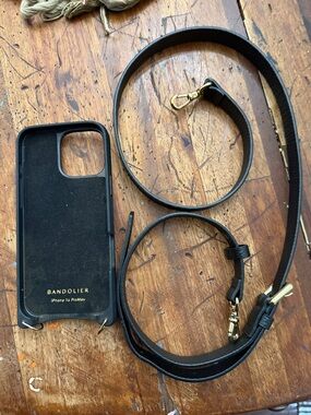 Bandolier 16 pro max Black Leather Crossbody Strap Case with Gold Hardware